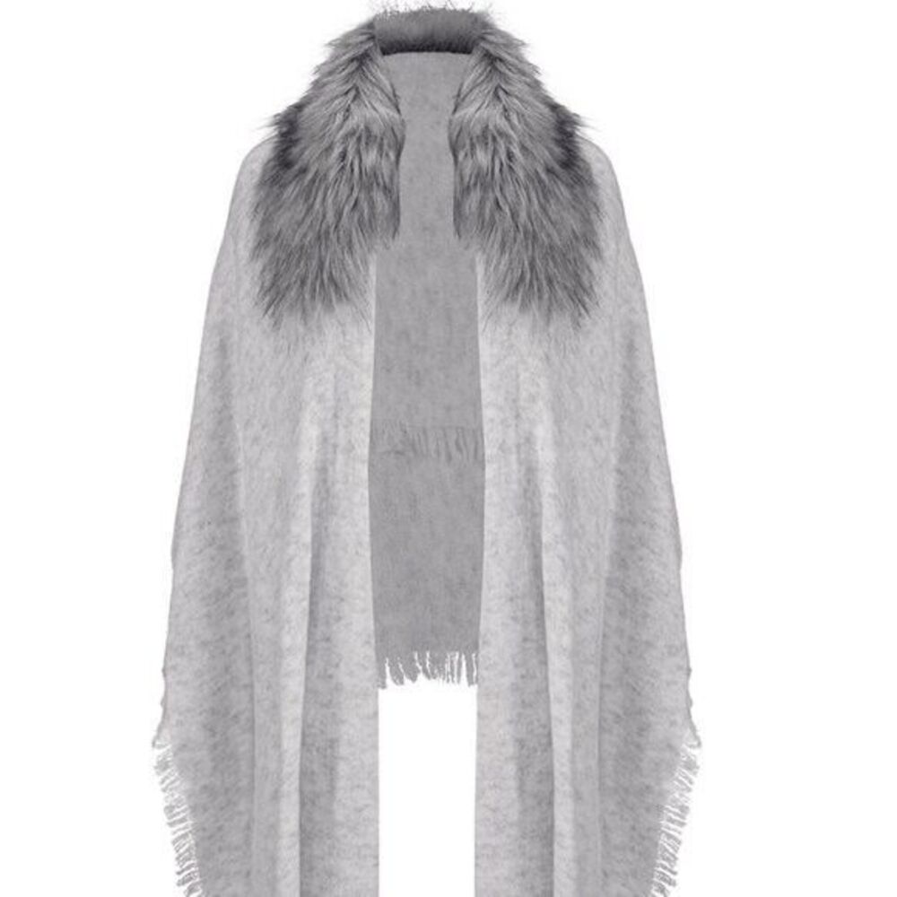Cabi Heavenly Wrap Light Heather Gray Knit Black Tipped Faux Fur #4081 Fall 2020